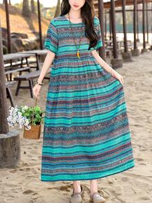 Đầm mùa hè dáng bohemian in hoa, xếp nếp, thanh lịch dành cho nữ, thích hợp đi biển. - màu xanh lá - Xem 2