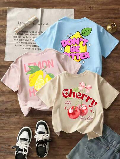 3pcs/Set Tween Girls Students Casual Printed Round Neck Short Sleeve T-Shirt Tops, Summer