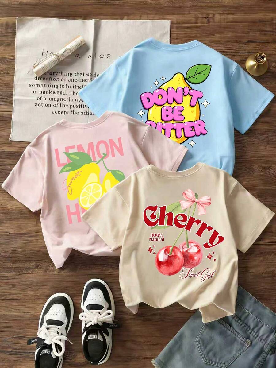 3pcs/Set Tween Girls Students Casual Printed Round Neck Short Sleeve T-Shirt Tops, Summer - Multicolor - View 1