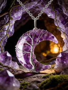 1pc Natural Amethyst Spiritual Tree Of Life Necklace - Hexagon Wrapped Heart Pendant To Enhance Energy; Healing Crystal, Ideal For Men And Women - Purple - View 3
