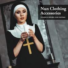 3件套修女服装配饰套装，包括黑色修女连衣裙、修女头饰和十字架项链，适合万圣节、嘉年华、修女角色扮演派对，也是感恩节和春季的完美选择。 - 彩色 - 查看 10