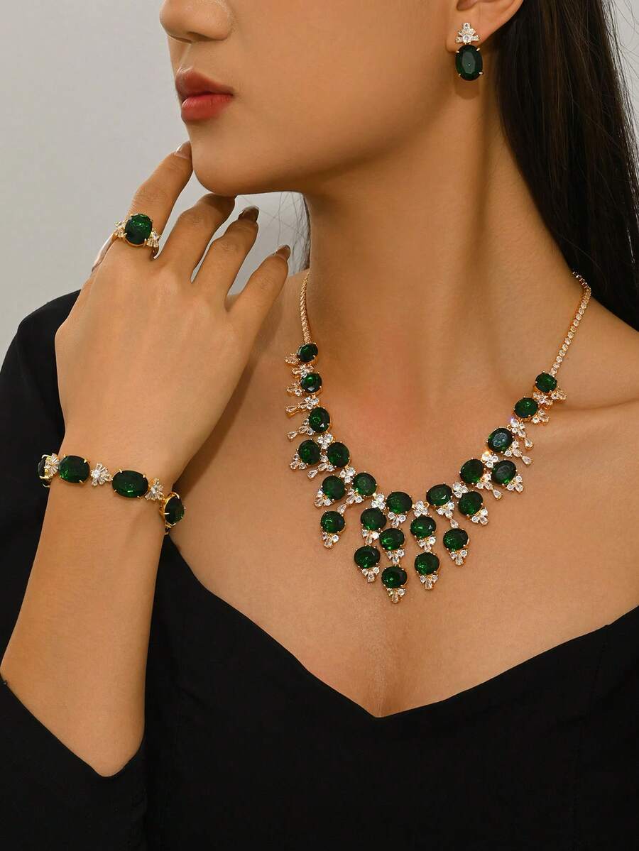5pcs Luxury Copper Inlaid Green Zirconia Women Jewelry Set, Engagement Party Accessories - Multicolor - View 1
