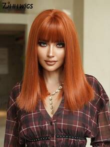 7JHH WIGS 高品质16英寸齐肩直发假发，优雅橙色刘海款，柔软丝滑耐热合成纤维材质，适合日常佩戴、角色扮演、音乐节等场合，也是毕业礼物和母亲节礼物的理想之选。 - 橘色 - 查看 1