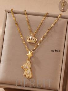 GEREIT 2/3pcs Minimalist Gold Chain Crown & Bear Pendant Necklace Set, Ramadan Gift, Minimalist Design, Suitable For Mother's Day And Daily Wear - Multicolor - View 1