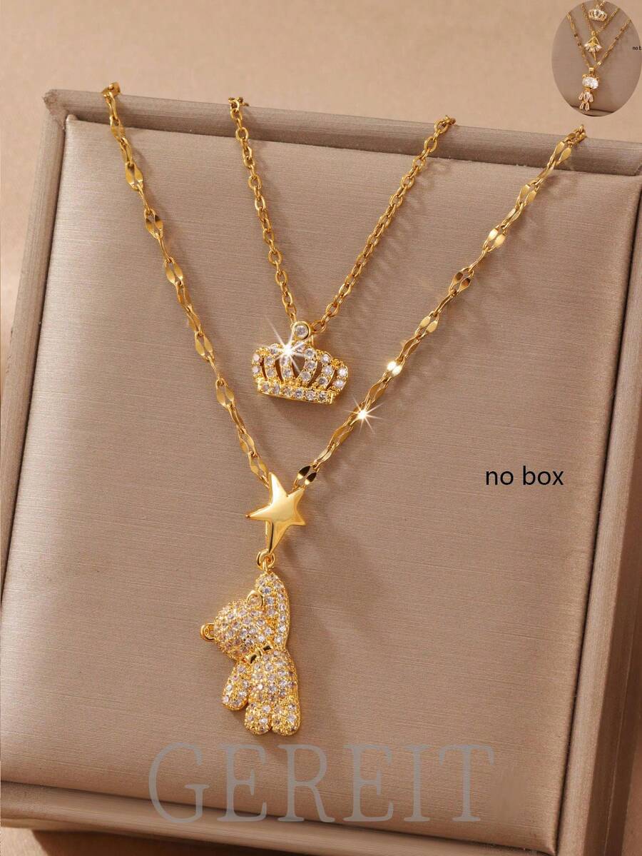 GEREIT 2/3pcs Minimalist Gold Chain Crown & Bear Pendant Necklace Set, Ramadan Gift, Minimalist Design, Suitable For Mother's Day And Daily Wear - Multicolor - View 1