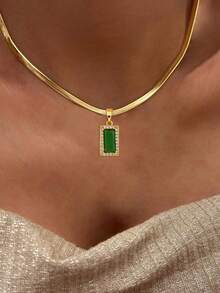 1pc Girl's Pendant Necklace, Minimalist Layered Design, Stainless Steel Flat Chain With Inlaid Green Zirconia Rectangular Pendant, Versatile Daily Wear Gift Accessory - Yellow Gold - View 8