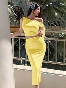 abyoxi 2pcs/Set Yellow Asymmetric Collar Tie-Waist Casual Top & Fitted Mini Skirt, Vacation Chic Yet Sexy, Suitable For Commuting, Young & Fashionable, Date, Party, Valentine's Day, Ideal Spring/Summer Women's Outfit - Light Yellow - View 5