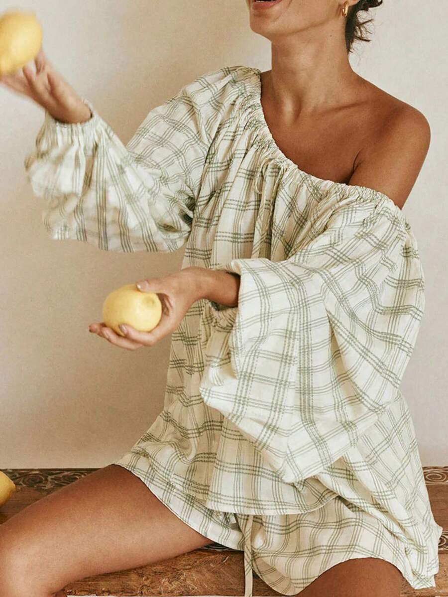 Women Plaid Outfit, Long Sleeve Tie-Up Crew Neck T-Shirt With Elastic Waist Shorts Summer Outfit - 綠色 - 查看 1