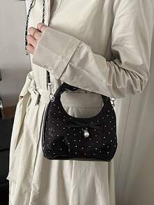 2026款镶钻蝴蝶结褶皱链条单肩手提包，女士款，无吊坠 - 黑色 - 查看 5