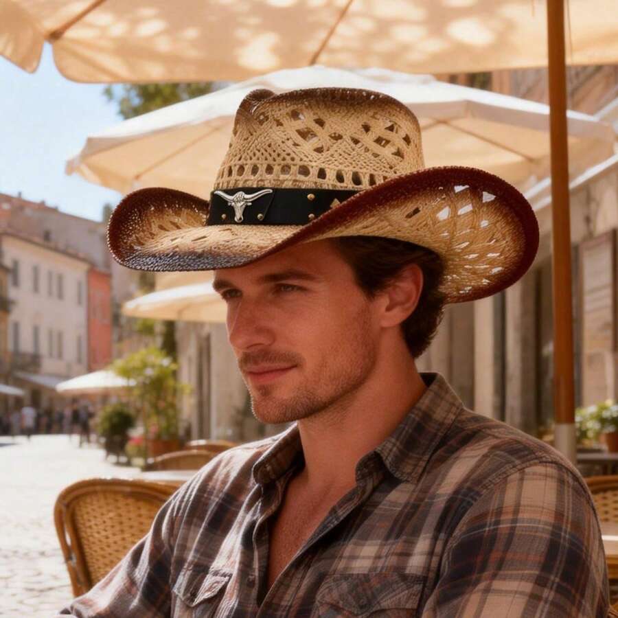 Women Men Cowgirl Hat, Roll-Up Wide Brim Straw Hat Summer Cap For Beach Vacation - Khaki - View 1