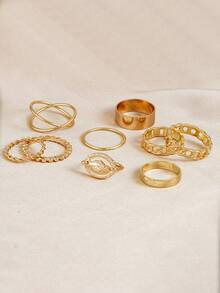 9pcs Fashion Twist Chain Religious Design Ring Set, Stackable Metal Rings, Suitable For Women's Daily, Party, Gathering Wear - Yellow Gold - View 3