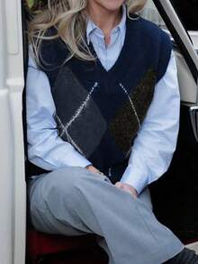 Live To Mo Spring Outfit Women Casual Rhombus V-Neck Knit Vest Top Preppy Old Money , Perfect For Office Going Out Tops - Navy Blue - View 5