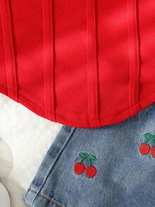 Baby Girls Valentine's Day Solid Color Sleeveless Round Neck Irregular Top + Cartoon Fruit Cherry Embroidery Fake Pocket Denim Shorts Casual Outfit - Red - View 10