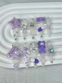 10pcs Cute Jirai Kei Purple Extra Long Stiletto 3D Star Heart Bow Rose Baddie Press-On Nails Y2K Teddy Kawaii Fake Nails Manicure Supplies (1pc Jelly Sticker + 1pc Nail File) - White - View 1