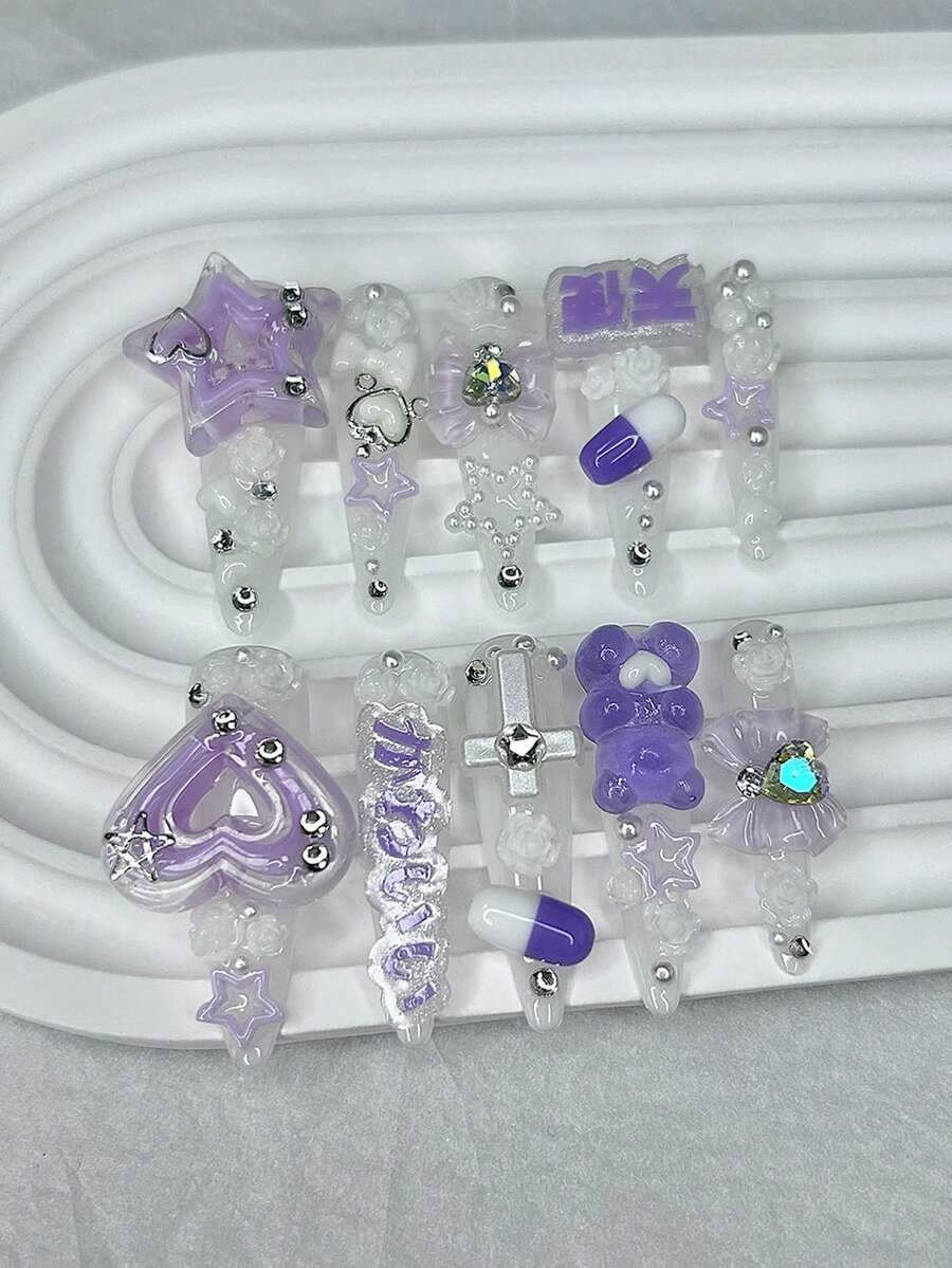 10pcs Cute Jirai Kei Purple Extra Long Stiletto 3D Star Heart Bow Rose Baddie Press-On Nails Y2K Teddy Kawaii Fake Nails Manicure Supplies (1pc Jelly Sticker + 1pc Nail File) - White - View 1
