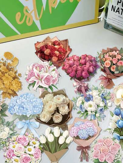 50pcs Flower Bouquet Sticker Set, Decorative For Phone Case, Fridge, Scrapbook, Diary, Guitar, Helmet, Skateboard, Laptop Stickers Scrapbook Supplies Stationery Funny Stickers Kindle