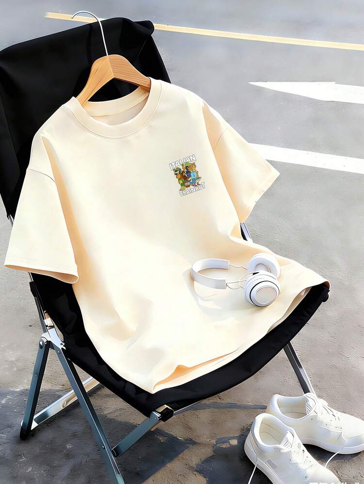Tween Boy "Italian Brainrot" Graphic Print Round Neck Short Sleeve T-Shirt, Fashion Boys Summer Top - Apricot - View 7