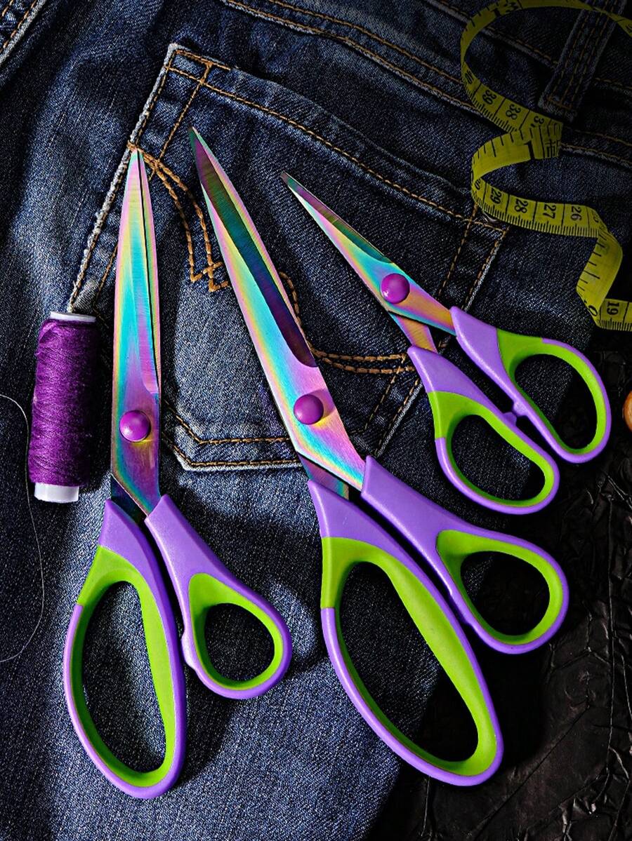 3pcs Elegant Purple Multi-Purpose Scissors Set, Wear-Resistant Titanium Alloy Blades + Skin-Friendly Soft Grip Handle, Essential Tool For Home, Office, And Crafters, Purple & Green