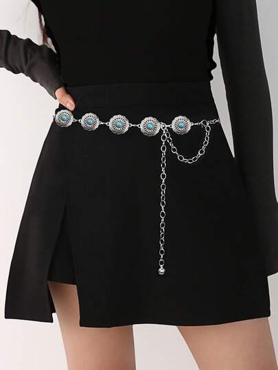 Cinturón de mujer de moda, decoración de girasol, negro, cinturón/cadena de cintura de aleación de zinc estilo bohemio, popular en todas las estaciones