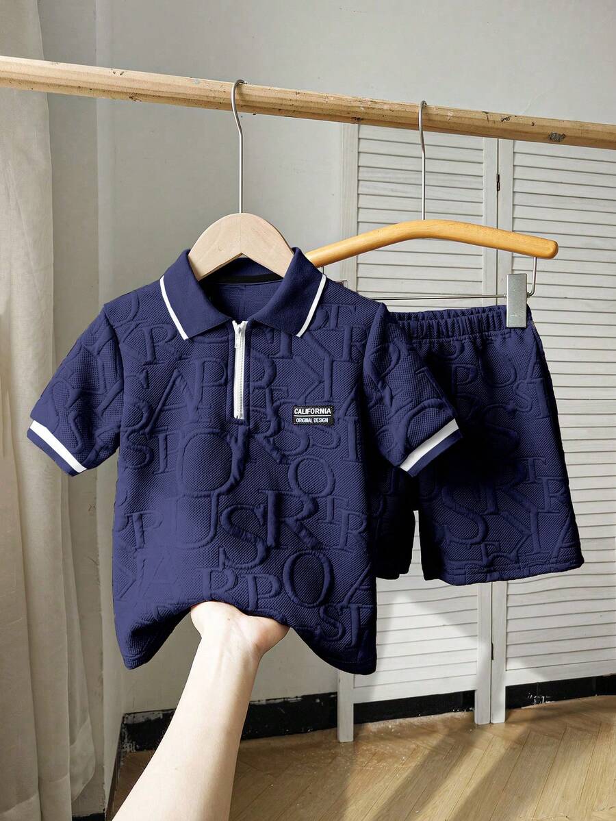 Chatreadl 两件套男童休闲时尚Polo领针织上衣和短裤字母印花套装，适合春、夏、秋季户外穿着 - 寶藍色 - 查看 1