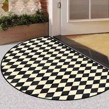1pc Black & White Checkerboard Pattern Semi-Circle Rug, Soft Velvet Material, Retro Geometric Design Carpet, Bathroom Mat, Bath Rug, Doormat, Small Rug, Carpet, Mat, Home Decor, Area Rug, Outdoor Mat, Area Carpet, Bedroom Rug, Washable Carpet - Multicolor - View 2