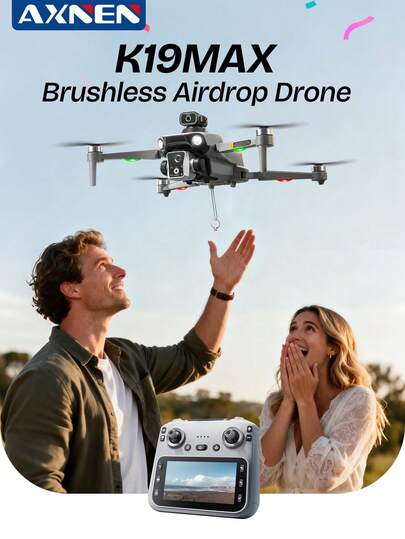 AXNEN 2026 New K19MAX Brushless Auto-Drop Return Drone With 4.5-Inch FPV Remote, One-Touch Drop, Dual Cameras, Brushless Motor, Optical Flow Hover, Modular High-Capacity Battery, And Smart Obstacle Avoidance. Built-In Camera, Easy To Use Even For Beginners. The Perfect Gift For Christmas And Other Holidays.