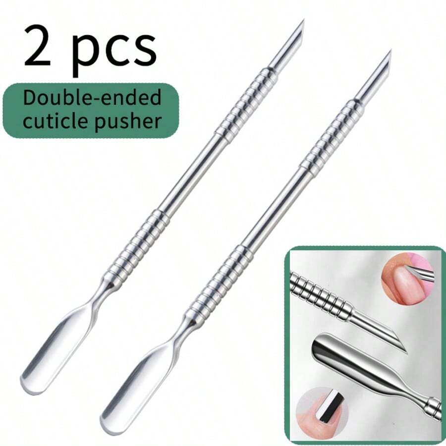 2pcs/Set Russian Style Stainless Steel Double-Headed Cuticle Pusher, Large Oblique Nail Clipper, Front Nail Care Tool, Suitable For Women Manicure, Professional Nail Care Tool - Silver - View 1