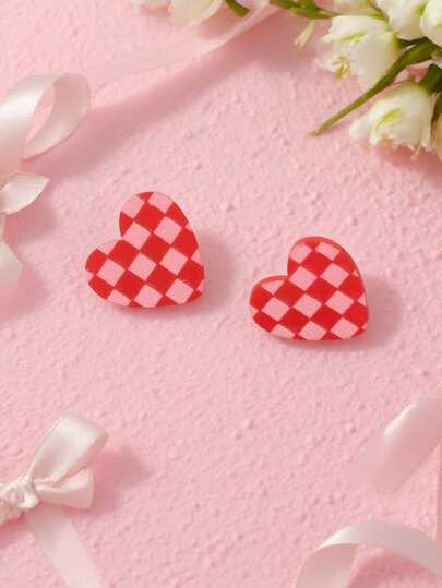 1 Pair Minimalist Red & Pink Plaid Heart Stud Earrings, Sweet & Elegant, Suitable For Daily Wear