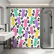 Rideau de douche de Pâques au lapin pastel, imprimé léopard, imperméable et résistant à la moisissure, sans installation de perçage, rideau de salle de bain printanier festif pour enfants - Rose violet - Voir 4