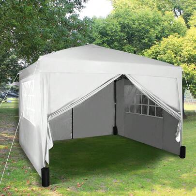 Pop-Up Gazebo 3m X 3m With Sides 2 Wind Bars & 4 Weight Bags & Silver Protective Layer Waterproof Marquee Canopy