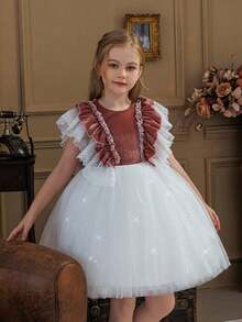 少女圣诞天鹅绒蕾丝荷叶袖珍珠纽扣亮片薄纱优雅花童礼服，适合女孩生日派对、婚礼、伴娘、节日庆典等场合。 - 白色 - 查看 8