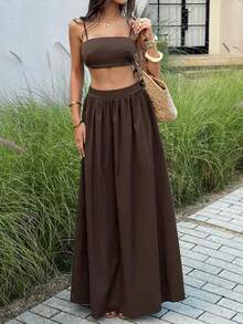 Unadoll 女士性感吊带背心和弹力百褶裙套装，适合约会、度假、情人节和旅行 - 棕色 - 查看 8