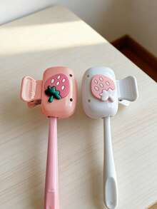 Cute Toothbrush Holder Travel Case, Strawberry Design Toothbrush Storage Container With Lid, Equipped With A Toothpaste Dispenser For Easy Use,Pink & White Portable Toothbrush Cover Box,Travel Portable Toothbrush Head Protection Clip, Toothbrush Protective Cover, Portable Design For Easy Carrying - Multicolor - View 3