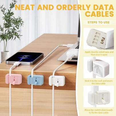 彩色电缆夹，带拨杆开关，易开式电缆整理器，粘性设计，适用于桌面、床头、汽车、家庭和办公室，可固定手机充电器线缆。