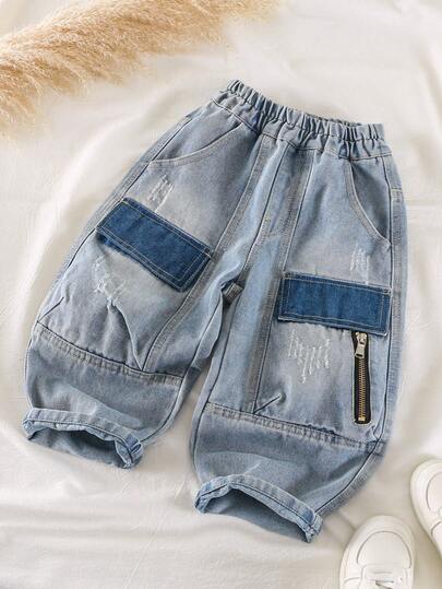 男童宽松休闲牛仔裤，适合春季、日常、上学、户外活动穿着。