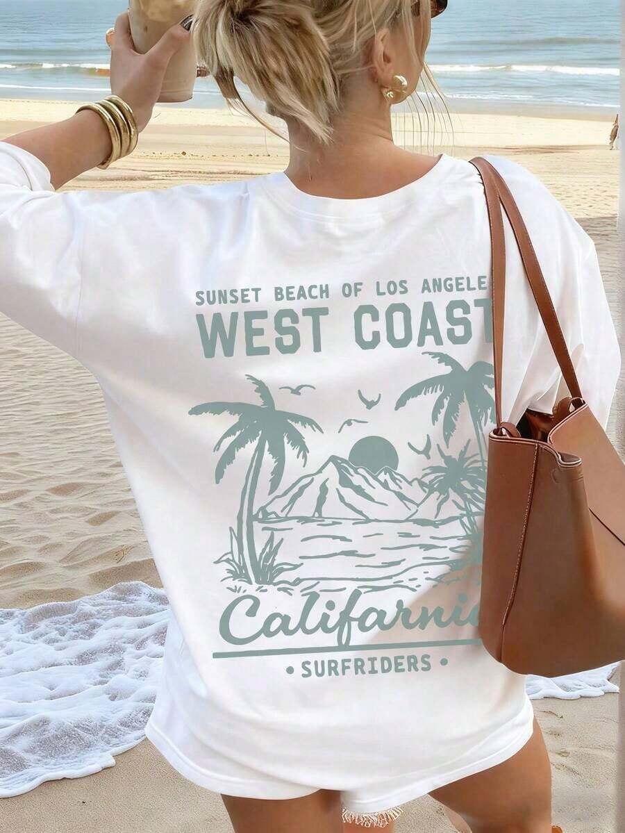 Women's Short-Sleeved Crew Neck T-Shirt, Casual Summer Style, Minimalist And Versatile, With Palm Tree Print And Slogan, Suitable For Everyday Wear. Printed T-Shirt, White Top For Women, Black Top, Pink Top, Vacation Style. Breathable And Comfortable. - 白色 2 - 查看 1
