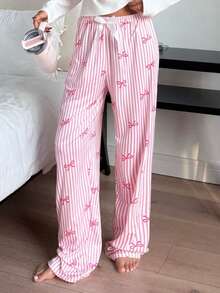 春夏新款甜美蝴蝶结条纹印花透气家居裤，女士宽松柔软睡衣 - 彩色 - 查看 4