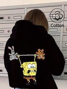 SpongeBob SquarePants SpongeBob Y2K Style Casual Hoodie For Teens And Adults, Fun Streetwear With A Simple Yet Stylish Design, Perfect For Multiple Occasions - Black - View 1