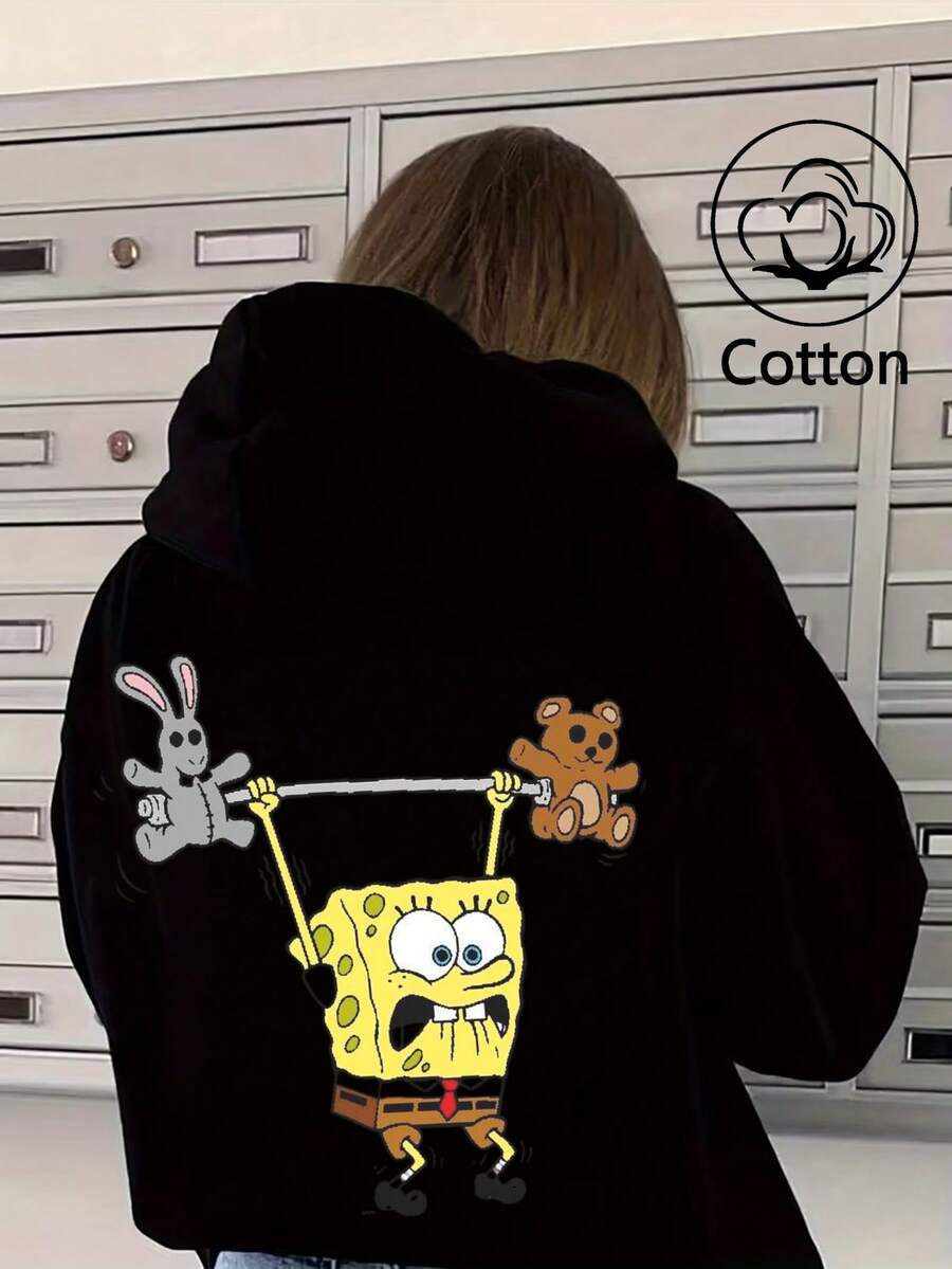 SpongeBob SquarePants SpongeBob Y2K Style Casual Hoodie For Teens And Adults, Fun Streetwear With A Simple Yet Stylish Design, Perfect For Multiple Occasions - Black - View 1