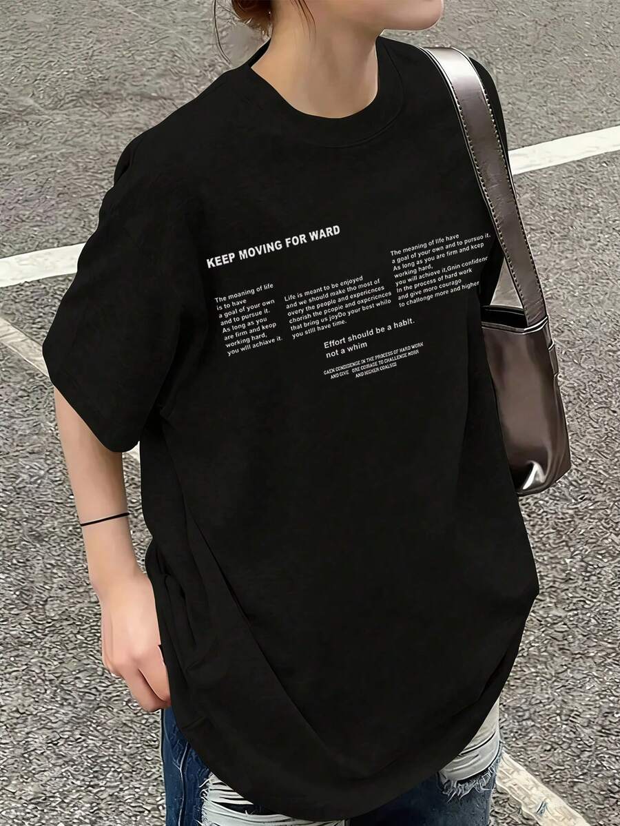 Japanese Style Women's Loose Fit Round Neck Casual Versatile Printed Short Sleeve T-Shirt, Spring/Summer - Advanced Black - View 1