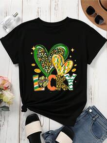 Lucky Shamrock Leopard Print T Shirt Black St Patrick's Day Celebration Graphic Tee For Women Party Outfit Lucky Charm Design - 黑色 - 查看 2