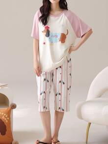 AICJ 2pcs/Set Women & Girls Casual Cute Cartoon Sausage Dog & Letter Print Pink Top, 3/4 Pants/Shorts, Spring/Summer Pajamas & Loungewear Set - Multicolor - View 3