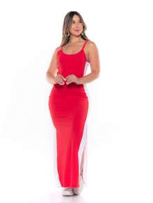 Plus Size Curvy Style Strappy Dress With Thin Straps, Side Slit, Ribbed Fabric, Extra Large, Long, Elastane, For Formal Parties And Maternity Wear. - Rojo - Ver 2