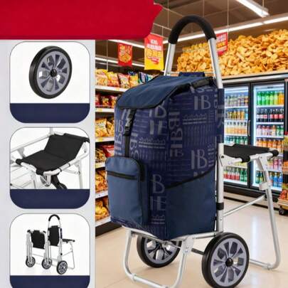 Faltbarer Einkaufswagen mit Sitz in zufälliger Stil, tragbarer Einkaufswagen für Zuhause & gewerbliche Nutzung