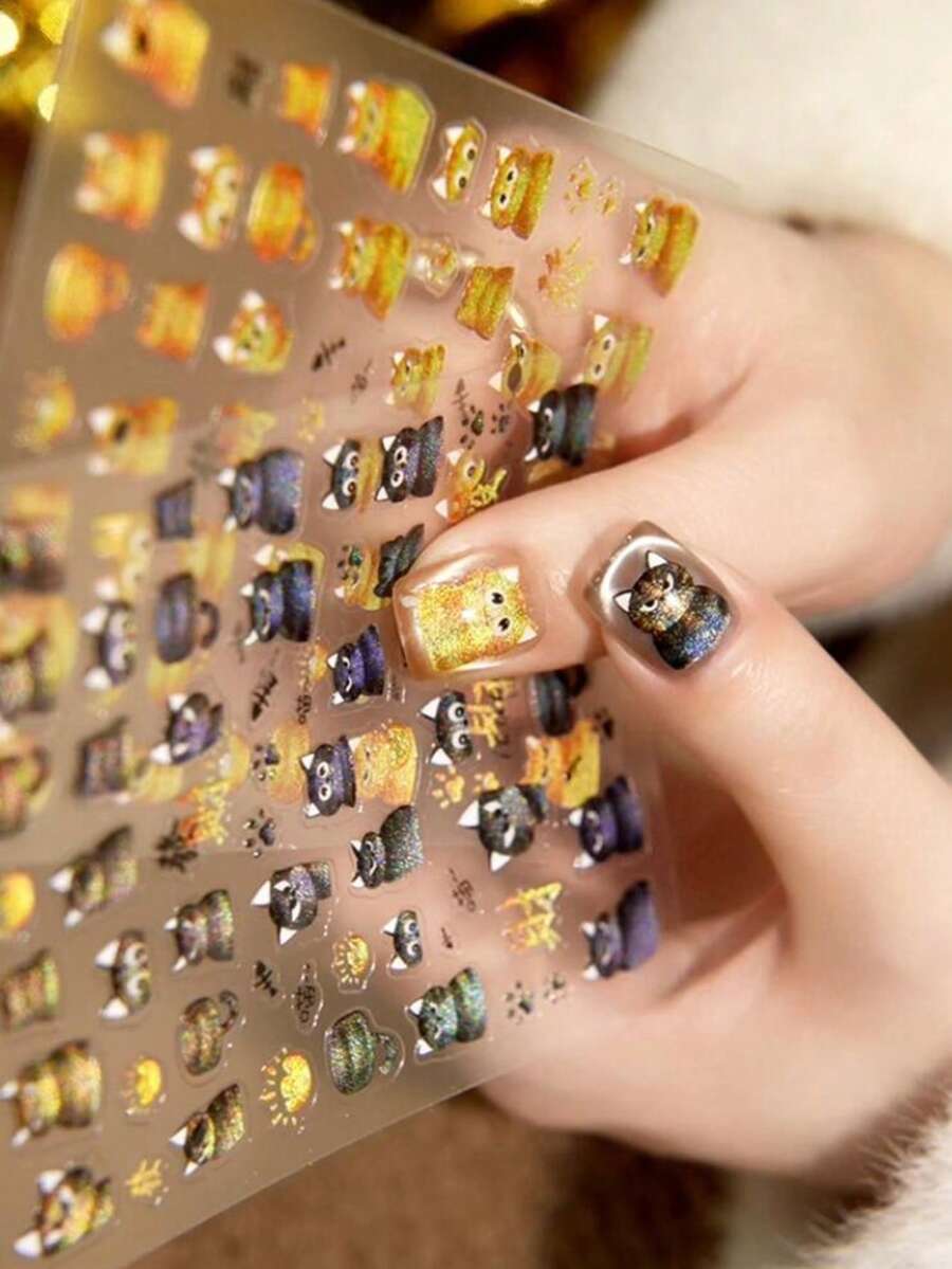 5D Cute Cat Nail Stickers, Gold & Black Cat Nail Art Decals, 5D Cartoon Animal Self-Adhesive Nail Stickers, Nail Art Supplies, Cute Cartoon Nail Slider For Women & Girls - Multicolor - View 1