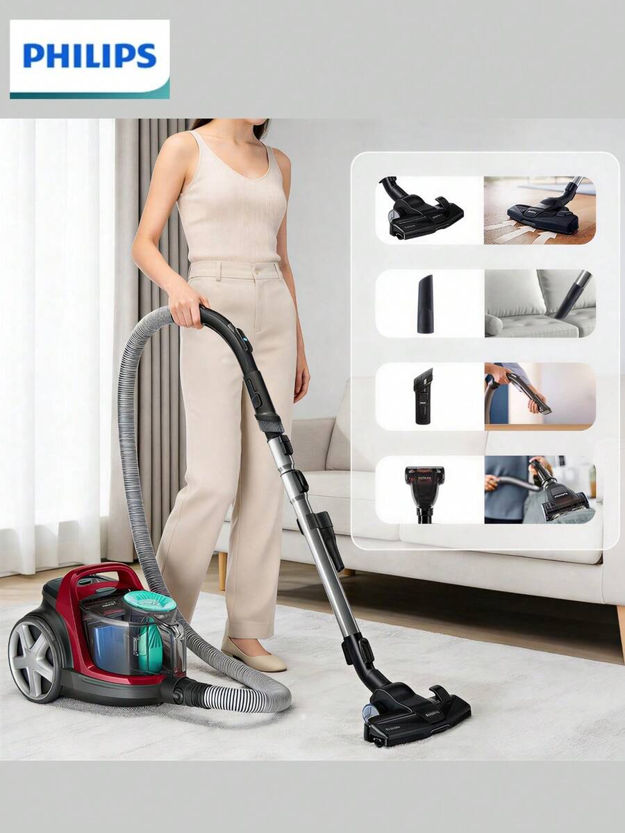 PHILIPS 飞利浦 FC8632/83 PowerCyclone 7 吸尘器，360° 超强吸力，包含 7 件套配件：三效吸嘴、除螨刷、缝隙吸嘴，适用于地毯、硬地板和宠物毛发，清洁套装齐全。 - 英規插(220-240V) - 查看 1