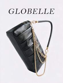 Women's Pleated Shoulder Bag, Fashionable Black Faux Leather Handbag With Multi-Layer Gold Chain Decor And Woven Strap, Suitable For Office, School, Business, Commuting, Outdoor, Travel, Work, Shopping, Gift For Friends, Casual Travel And Vacation, Matching Simple Outfits For Outdoor Leisure And Shopping - Black - View 8