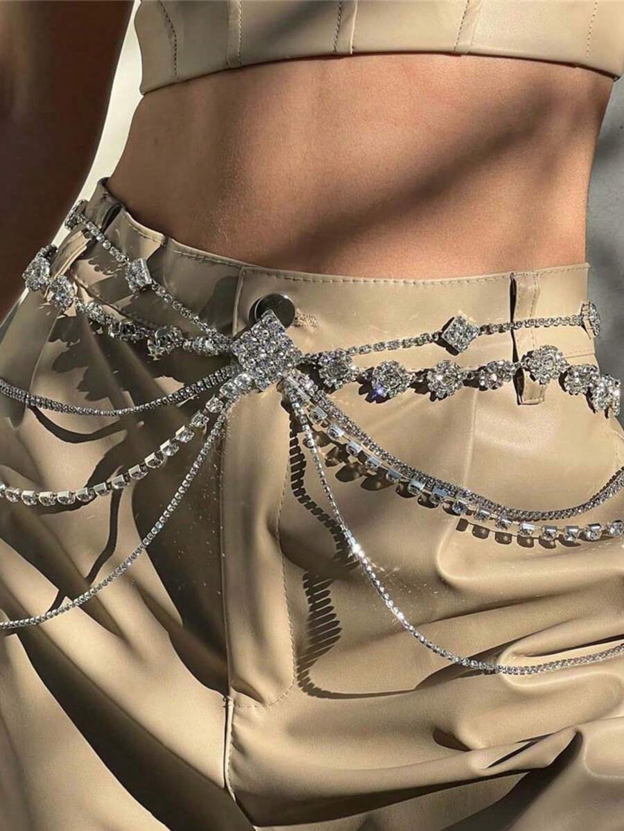 1 件性感白色流苏和水钻闪亮腰链，夜总会舞台表演身体首饰 - 銀色 - 查看 1