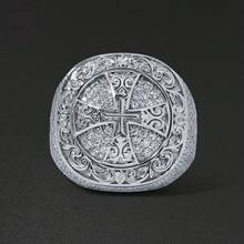 Nhẫn nam kiểu cung điện cổ điển chạm khắc hình thánh giá, mạ vàng trắng, đính đá Cubic Zirconia, phong cách Hip Hop. - Bạch kim - Xem 6
