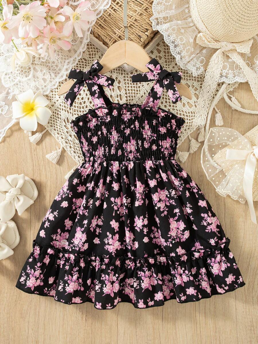 Baby Girl Floral Print Spaghetti Strap Bow Ruffle Hem Fashion Party Dress - Pink - View 1